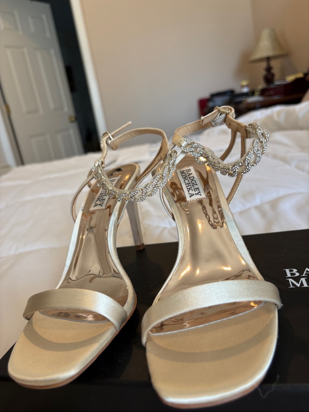 Badgley Mischka Champagne Satin Crystal-Ankle Strap Heels these are beautiful!